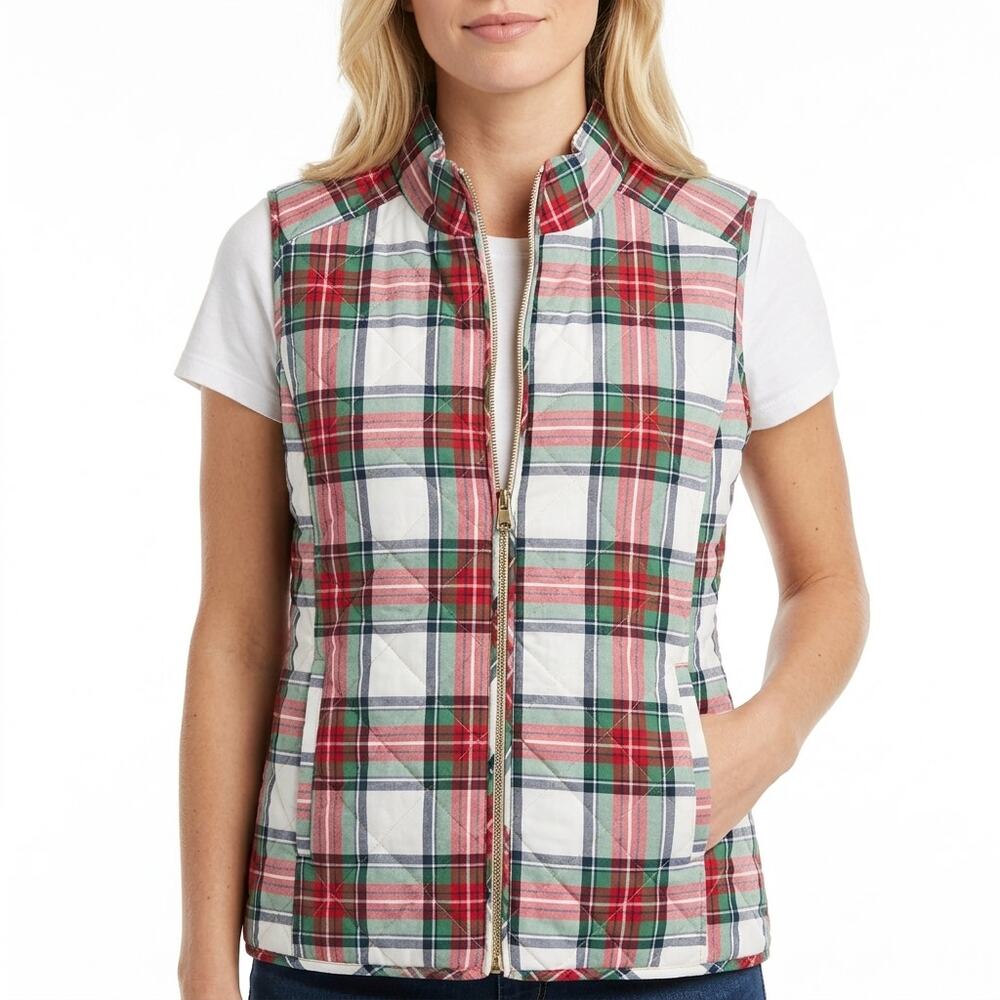 Crown & Ivy Red Plaid Full Zip Sleeveless Lightweight Jacket Women Size M